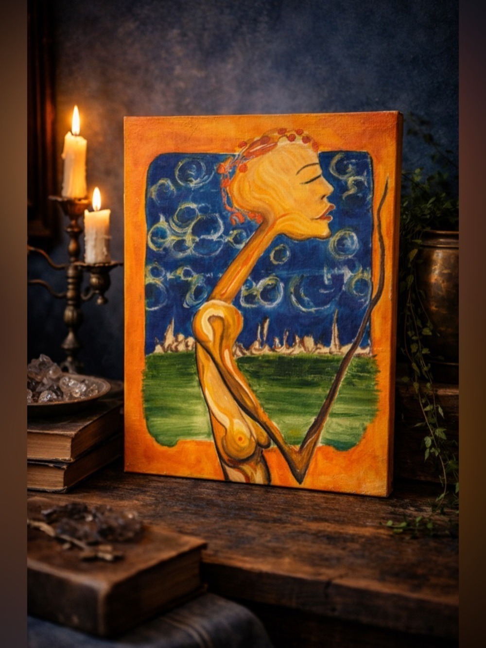 Abstract Surreal Art Canvas Painting Female Figure Vibrant Colors 9x12 Original